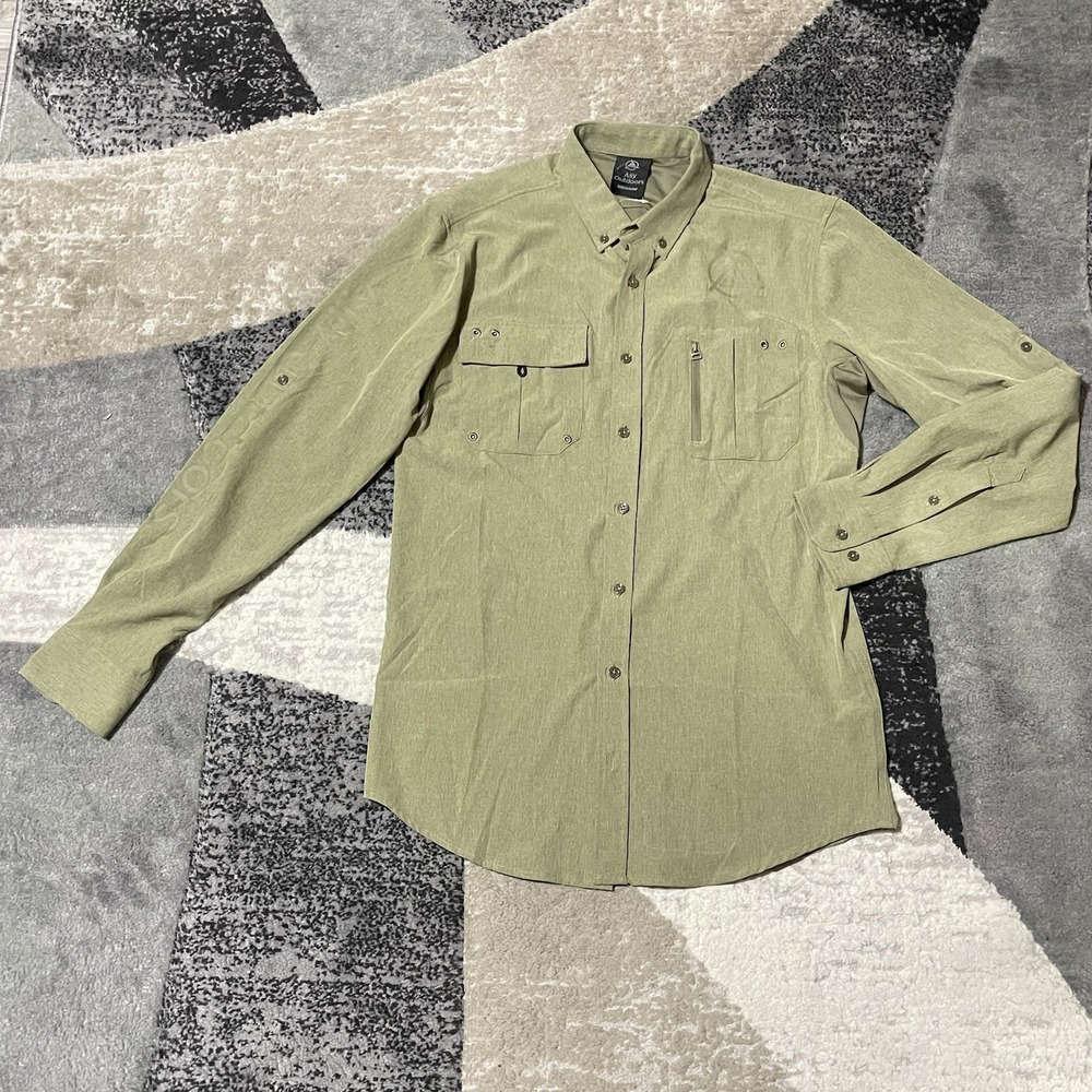 Ally Outdoor Fishing‎ Shirt Men M Green Zip Pockets Performance Vent Stretch NEW